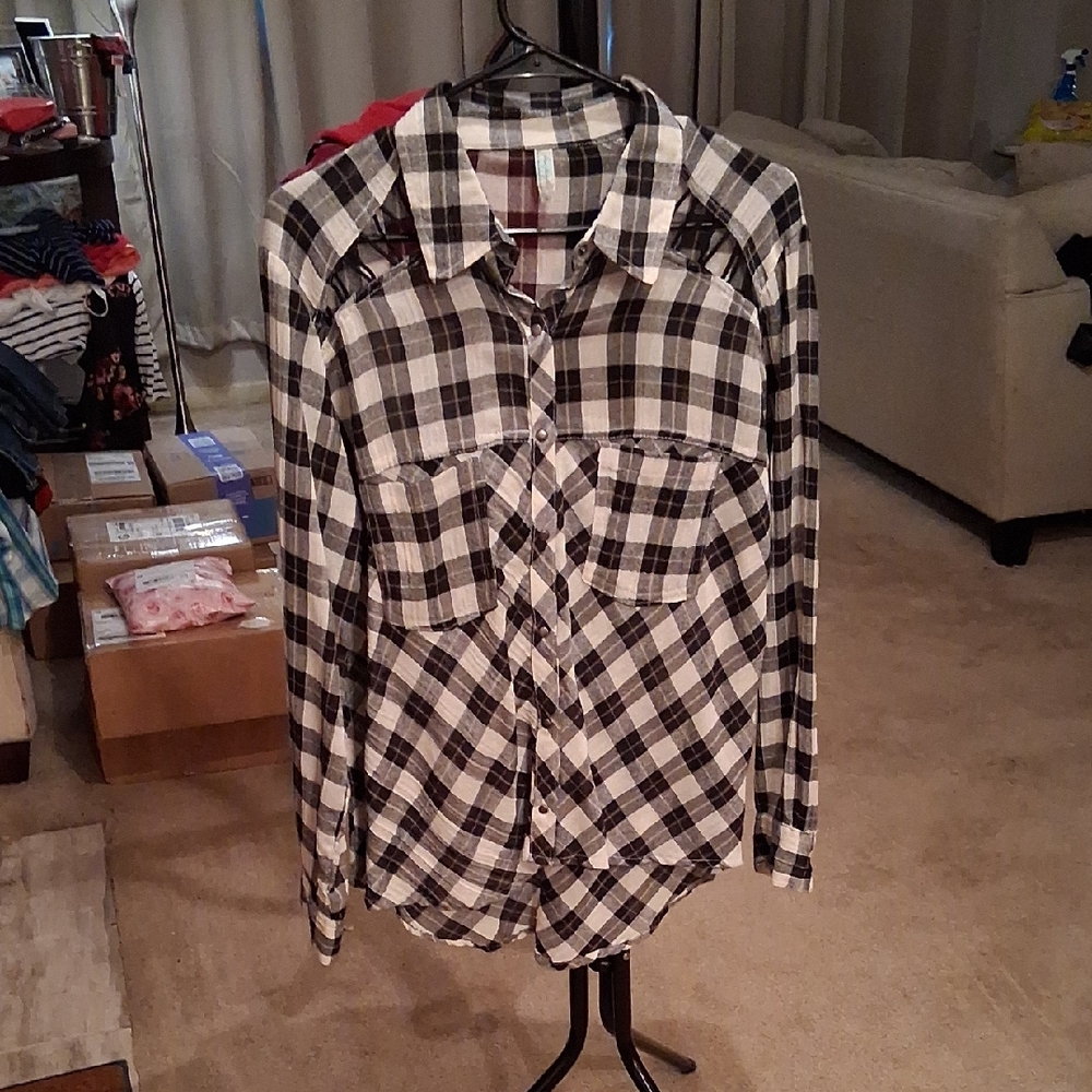 Free People Black and White Plaid Button-Down Shirt